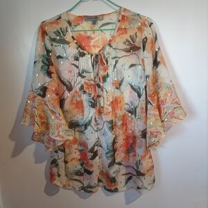 Orange and Green Ruffled Tie Front Blouse